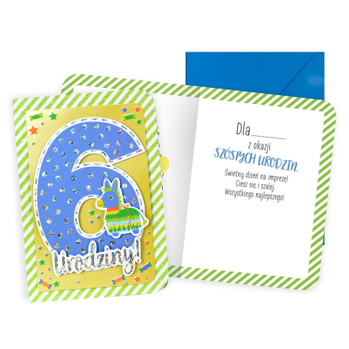 KARTKA 6 URODZINY PINIATA OSIOŁEK NIEBIESKO-ŻÓŁTA 17x12cm