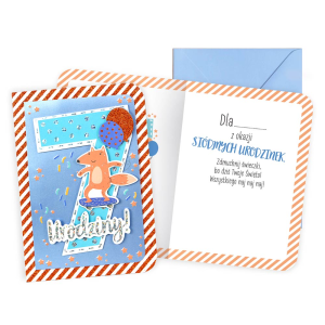 KARTKA 7 URODZINY LISEK NA DESKOROLCE NIEBIESKA 17x12cm