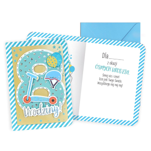 KARTKA 8 URODZINY HULAJNOGA NIEBIESKO-BEŻOWA 17x12cm