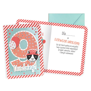 KARTKA 9 URODZINY KOTEK CZERWONO-SZARA 17x12cm