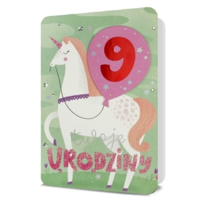 KARTKA URODZINOWA JEDNOROŻEC NAKLEJKI ZIELONA 19x13cm