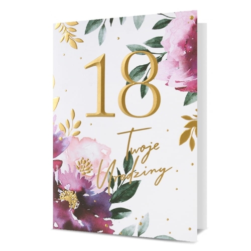 KARTKA 18 URODZINY KWIATY BIAŁO-RÓŻOWA 19x13cm