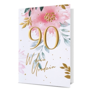 KARTKA 90 URODZINY KWIATY BIAŁO-RÓŻOWA 19x13cm