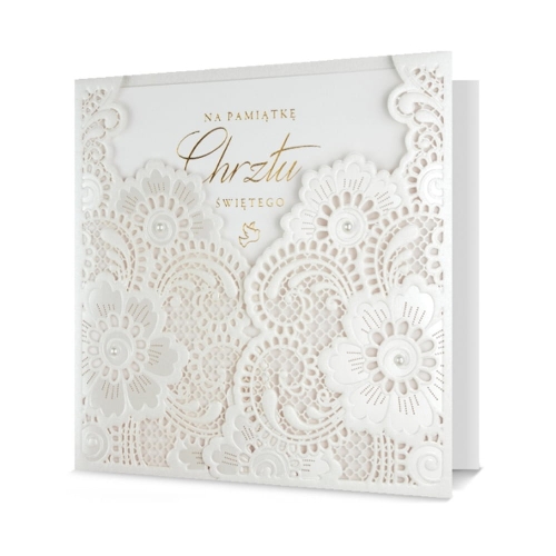 KARTKA CHRZEST NA PAMIĄTKĘ CHRZTU ORNAMENT BIAŁA 15x15cm