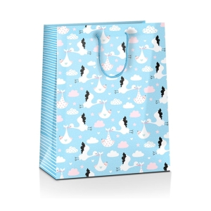 TOREBKA PREZENTOWA BOCIAN Z DZIECKIEM BŁĘKITNA 33x45cm