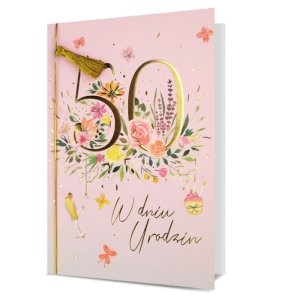 KARTKA 50 URODZINY KWIATY RÓŻOWA 19x13cm