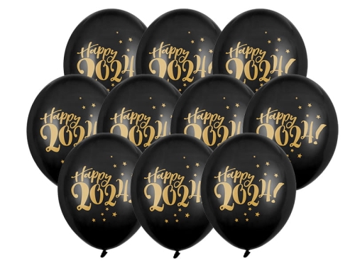 BALONY CZARNE HAPPY 2024 ZŁOTY 30cm 10szt