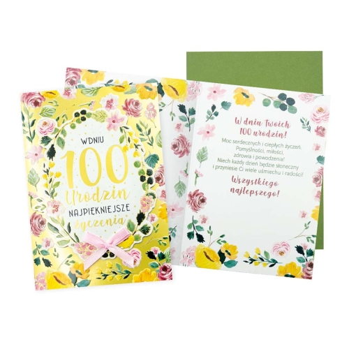KARTKA 100 URODZINY NAJPIĘKNIEJSZE ŻYCZENIA KWIATY ŻÓŁTA 17x12cm