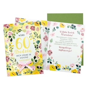 KARTKA 60 URODZINY SPEŁNIENIA MARZEŃ KWIATY ZŁOTA 17x12cm 
