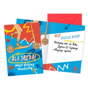 KARTKA URODZINOWA ALE JAZDA HULAJNOGA NIEBIESKO-CZERWONA 17x12cm
