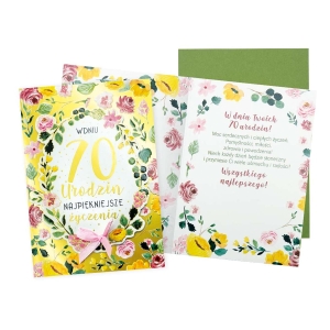 KARTKA 70 URODZINY NAJPIĘKNIEJSZE ŻYCZENIA KWIATY ZŁOTA 17x12cm 