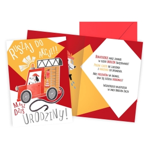 KARTKA URODZINOWA RUSZAJ DO AKCJI WÓZ STRAŻACKI CZERWONA 17x12cm