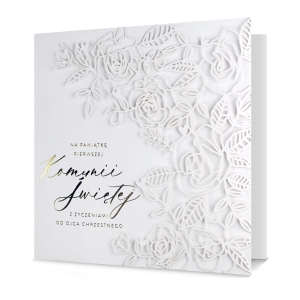 KARTKA KOMUNIA OD OJCA CHRZESTNEGO LISTKI BIAŁA 18x18cm