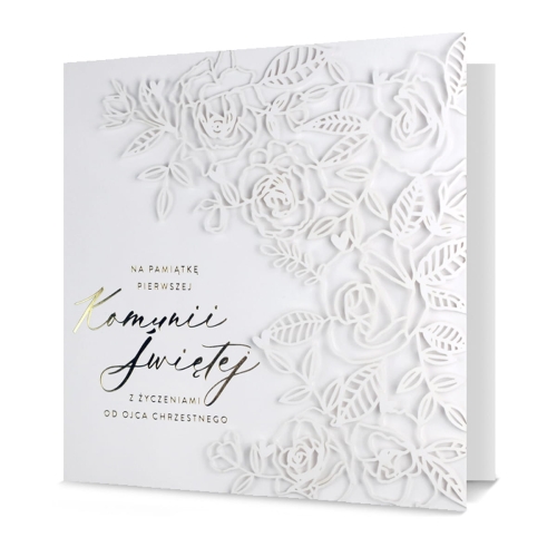 KARTKA KOMUNIA OD OJCA CHRZESTNEGO LISTKI BIAŁA 18x18cm