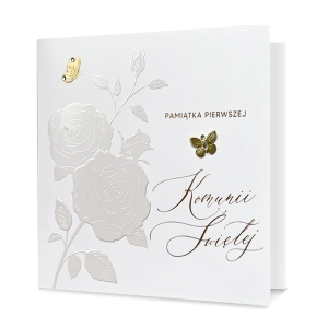 KARTKA KOMUNIA PAMIĄTKA I KOMUNII RÓŻE MOTYLE BIAŁA 18x19cm