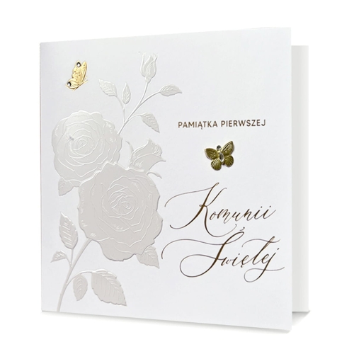KARTKA KOMUNIA PAMIĄTKA I KOMUNII RÓŻE MOTYLE BIAŁA 18x19cm