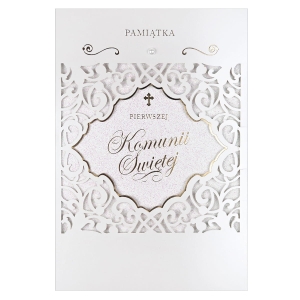 KARTKA KOMUNIA PAMIĄTKA KOMUNII ORNAMENT BROKAT BEŻOWA 19x13cm