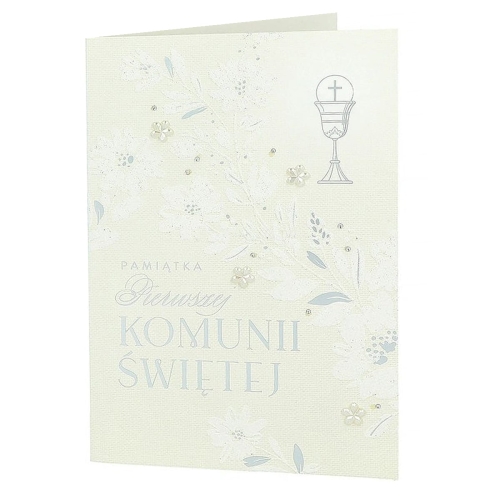 KARTKA KOMUNIA PAMIĄTKA KOMUNII KWIATY BEŻOWA 19x13cm