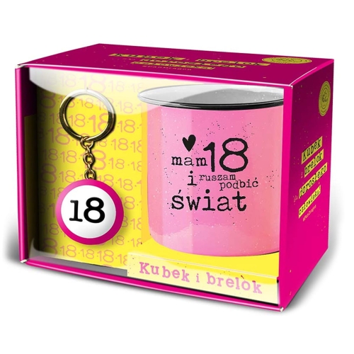 KUBEK Z BRELOKIEM 18 URODZINY MAM 18 I RUSZAM PODBIĆ ŚWIAT RÓŻ 330ml