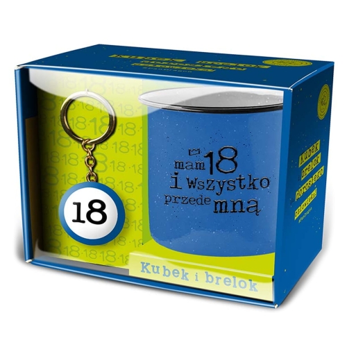 KUBEK Z BRELOKIEM 18 URODZINY MAM 18 I WSZYSTKO PRZEDE MNĄ NIEBIESKI 330ml