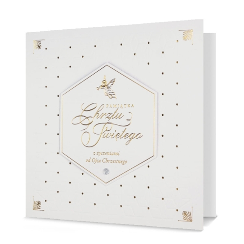 KARTKA CHRZEST PAMIĄTKA CHRZTU HEKSAGON OJCIEC CHRZESTNY BIAŁA 18x18cm