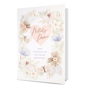 KARTKA ŚLUBNA MŁODEJ PARZE KWIATY SERCE BIAŁO-PASTEL 25x18cm