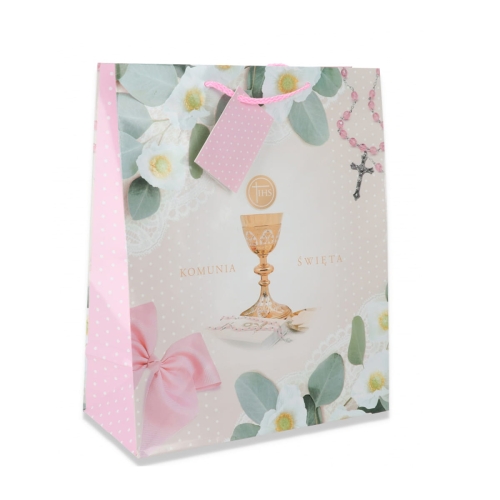 TOREBKA PREZENTOWA KOMUNIA KWIATY KIELICH RÓŻOWA 23x18cm