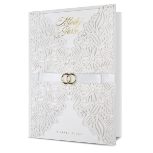 KARTKA ŚLUBNA MŁODEJ PARZE KWIATY OBRĄCZKI BIAŁA 24x17cm