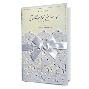 KARTKA ŚLUBNA MŁODEJ PARZE KWIATY WSTĄŻKA BIAŁA 30x17cm