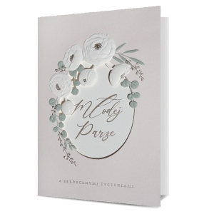 KARTKA ŚLUBNA MŁODEJ PARZE OKRĄG KWIATY BIAŁA 17x12cm