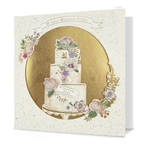 KARTKA ŚLUBNA W DNIU ŚLUBU TORT BIAŁO-ZŁOTA 18x18cm