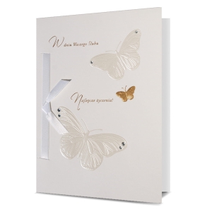 KARTKA ŚLUBNA W DNIU ŚLUBU MOTYLE WSTĄŻKA BIAŁA 20x15cm
