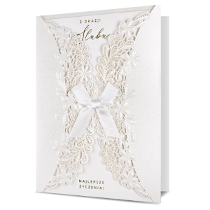 KARTKA ŚLUBNA Z OKAZJI ŚLUBU AŻUROWE SKRZYDEŁKA BIAŁA 19x13cm