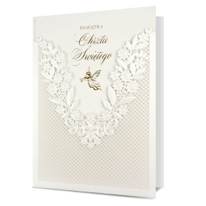 KARTKA CHRZEST ŚWIĘTY ANIOŁEK AŻUR NA DOLE BIAŁA 19x13cm