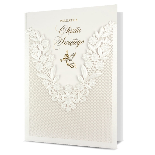 KARTKA CHRZEST ŚWIĘTY ANIOŁEK AŻUR NA DOLE BIAŁA 19x13cm