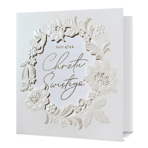 KARTKA CHRZEST ŚWIĘTY WIENIEC KWIETNY BIAŁA 16x16cm