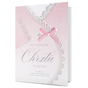 KARTKA CHRZEST ŚWIĘTY PAMIĄTKA CHRZTU FALBANKA RÓŻOWA 19x13cm