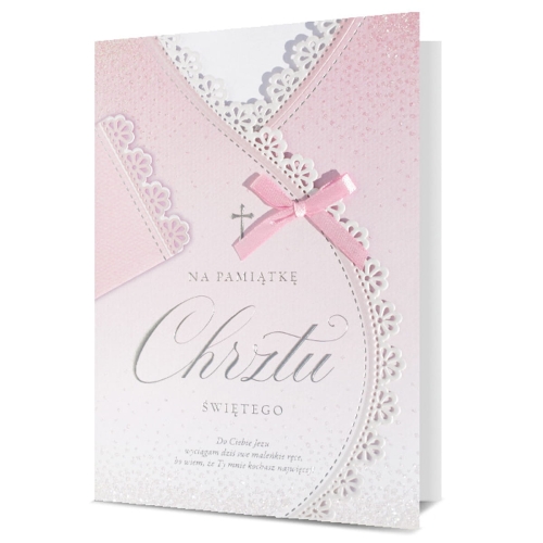 KARTKA CHRZEST ŚWIĘTY PAMIĄTKA CHRZTU FALBANKA RÓŻOWA 19x13cm