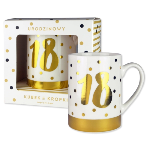 KUBEK 18 URODZINY GROSZKI BIAŁO-ZŁOTY 330ml