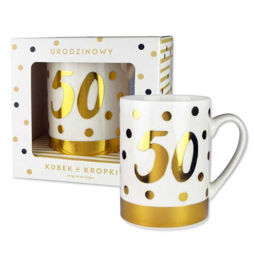 KUBEK 50 URODZINY GROSZKI BIAŁO-ZŁOTY 330ml