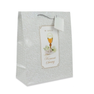 TOREBKA PREZENTOWA KOMUNIA ORNAMENT KIELICH BIAŁA 32x26cm