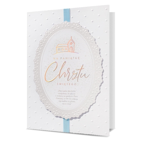 KARTKA CHRZEST ŚWIĘTY KOŚCIÓŁ WSTĄŻKA BŁĘKITNO-BIAŁA 19x13cm