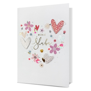 KARTKA ŚLUBNA W DNIU ŚLUBU SERCA KWIATY BIAŁA 19x13cm