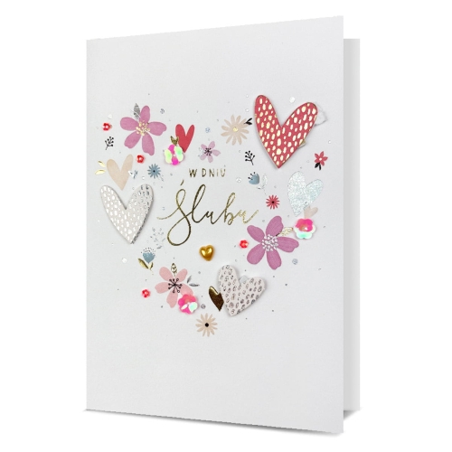 KARTKA ŚLUBNA W DNIU ŚLUBU SERCA KWIATY BIAŁA 19x13cm