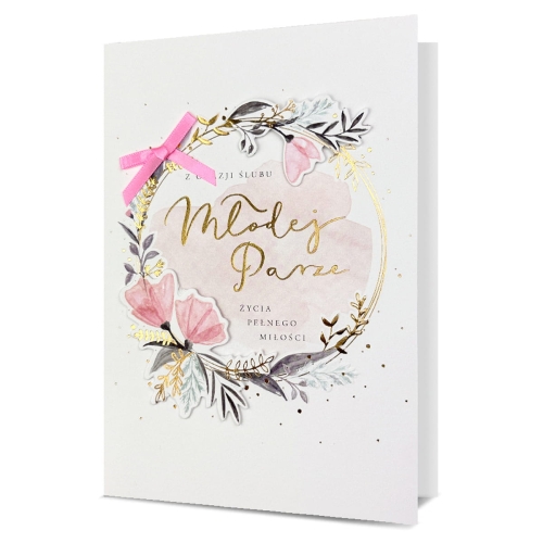 KARTKA ŚLUBNA Z OKAZJI ŚLUBU WIENIEC KWIATY BIAŁA 19x13cm