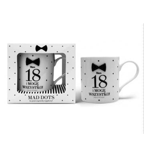 KUBEK 18 URODZINY MAM 18 I MOGĘ WSZYSTKO MUSZKA BIAŁY 250ml