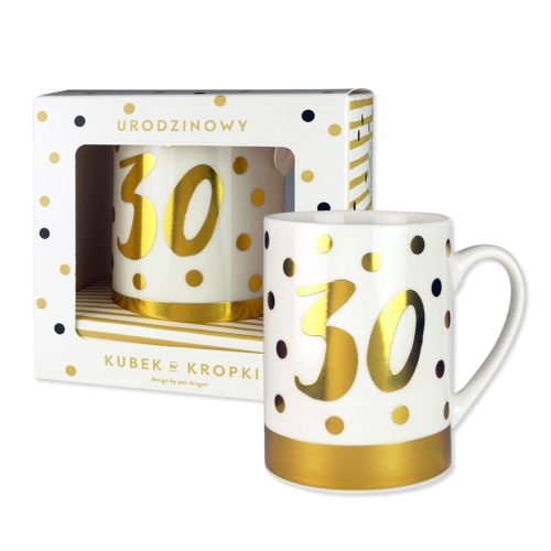 KUBEK 30 URODZINY GROSZKI BIAŁO-ZŁOTY 330ml