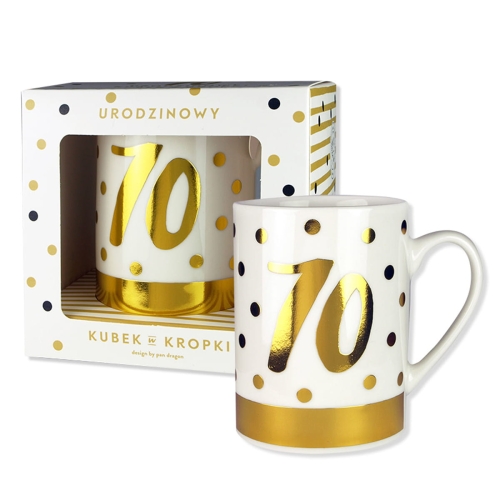 KUBEK 70 URODZINY GROSZKI BIAŁO-ZŁOTY 330ml