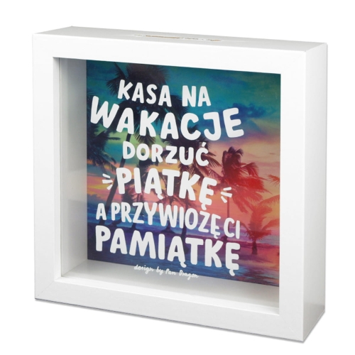 SKARBONKA KASA NA WAKACJE DORZUĆ PIĄTKĘ BIAŁA 15x15cm