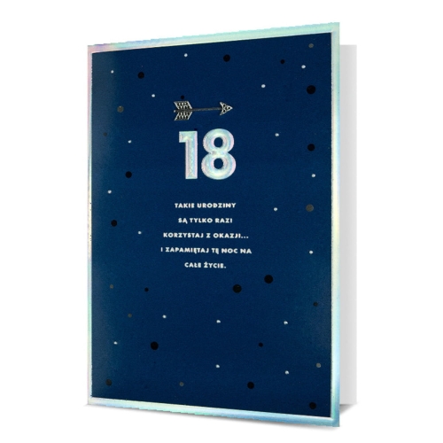 KARTKA 18 URODZINY STRZAŁKA GROSZKI GRANATOWA 19x13cm
